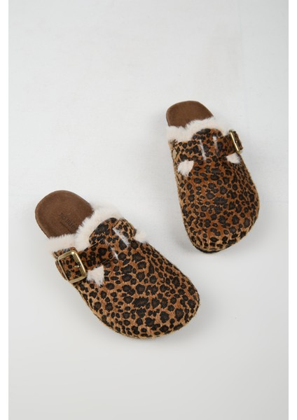 Cancun Kürklü Kadın Vegan Deri Tokalı Leopar Sabo Terlik indirimleri