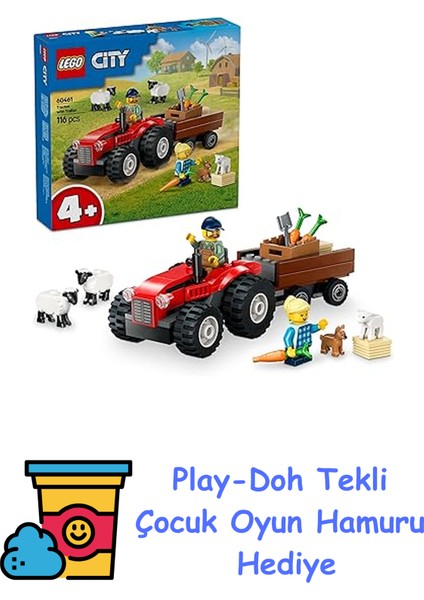 City Römorklu Kırmızı Çiftlik Traktörü ve Koyun 60461-4 Yaş ve Üzeri Çocuklar Için Yaratıcı Oyuncak Yapım Seti, Doğum Günü Hediyesi (116 Parça) + Play-Doh Oyun Hamuru