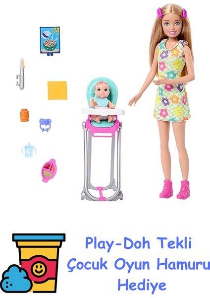 Aksesuarlarla Birlikte Gelen Barbie Skipper Bebek ve Oyun Seti, Yemek Zamanı Temalı Bebek Bakıcılığı Seti, Renk Değiştiren Oyuncak, HTK35 + Play-Doh Oyun Hamuru