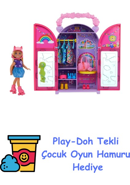 Chelsea Oyuncak Bebek ve Dolap Oyuncak Seti, 15 Parça Giysi ve Aksesuar Dahil, Katlanabilir Set, Hareket Halindeyken Oyun ve Saklama Için + Play-Doh Oyun Hamuru