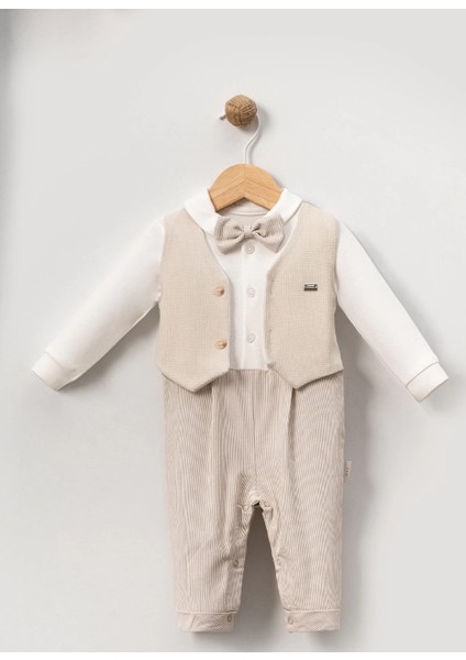 Papyonlu Waffle Kumaş Yelekli Erkek Bebe Tulum