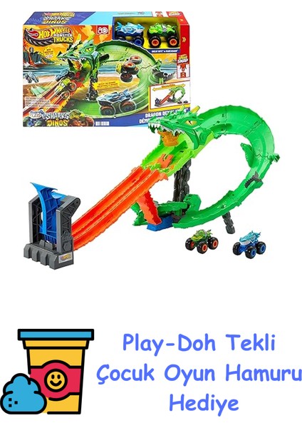 Monster Trucks Köpek Balığı ve Dinozor Korkunç Ejderhaya Karşı Oyun Seti, Sayborg Düşmanı Yenmek Için Yarışan 1:64 Ölçekli Köpek Balığı ile Dinozor, JFR06 + Play-Doh Oyun Hamuru