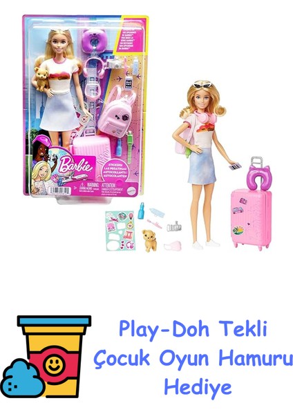 Seyahatte Bebeği ve Aksesuarları Barbie Bebek ve Aksesuarları, Yavru Köpeğiyle Seyahat Seti HJY18 + Play-Doh Oyun Hamuru