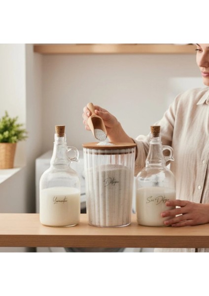 Ahşap Kapaklı Çizgili Deterjan Kavanozu 2300ML - Sıvı Deterjan ve Yumuşatıcı Şişesi 1000ML