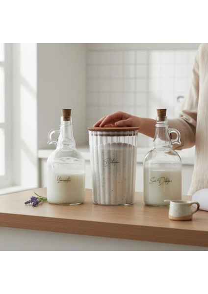 Ahşap Kapaklı Çizgili Deterjan Kavanozu 2300ML - Sıvı Deterjan ve Yumuşatıcı Şişesi 1000ML fiyatları