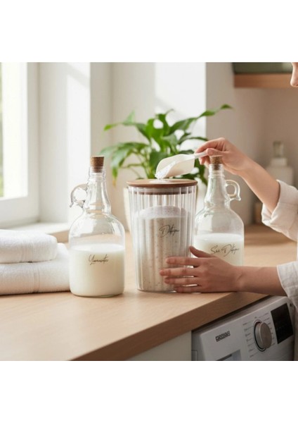 Ahşap Kapaklı Çizgili Deterjan Kavanozu 2300ML - Sıvı Deterjan ve Yumuşatıcı Şişesi 1000ML fırsatları