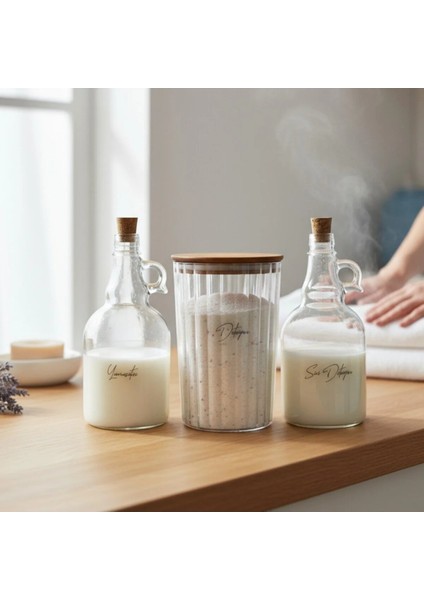 Ahşap Kapaklı Çizgili Deterjan Kavanozu 2300ML - Sıvı Deterjan ve Yumuşatıcı Şişesi 1000ML indirimleri