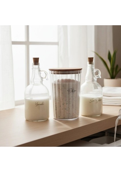 Ahşap Kapaklı Çizgili Deterjan Kavanozu 2300ML - Sıvı Deterjan ve Yumuşatıcı Şişesi 1000ML