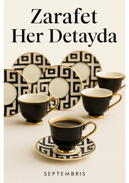 6’lı Lüks Siyah Porselen Kahve Takımı – Altın Yaldızlı Ayaklı Fincanlar