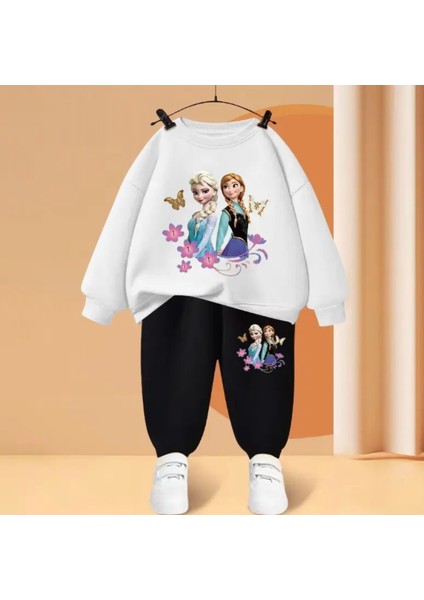 Punıx Kıds Özel Tasarım Elsa Baskılı Kışlık Kalın Içi Yumuşak Bisiklet Yaka Kız Çocuk Eşofman Takımı