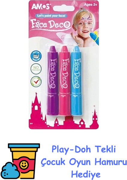 FD5B3G Yuz Boyası 3'lu Blister, 3 Renk Mpm + Play-Doh Oyun Hamuru