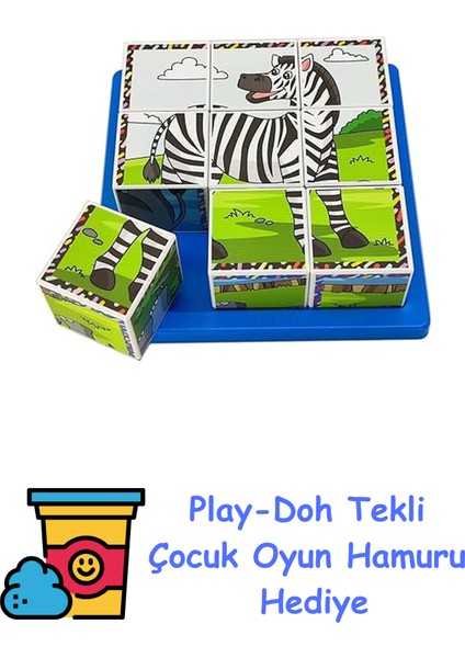 Safari Hayvanları 3D Puzzle - 9 Küp 6 Yapboz + Play-Doh Oyun Hamuru