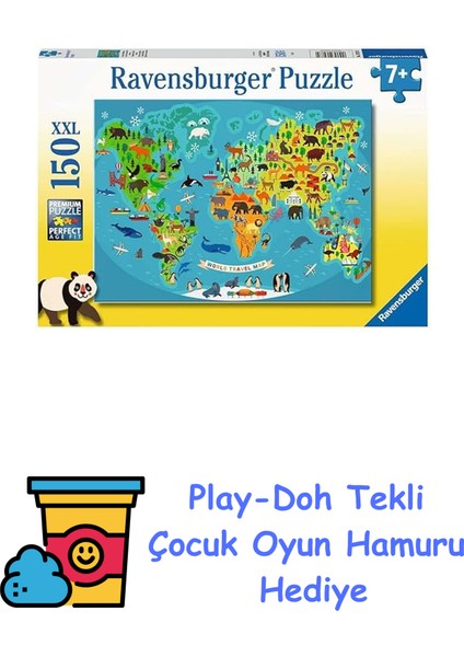 132874 150 Parçalı Puzzle Hayvanlı Harita, Renkli + Play-Doh Oyun Hamuru
