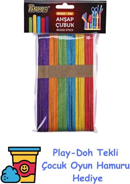 Renkli Dar Ahşap Çubuk 50’li Paket - BR-902 + Play-Doh Oyun Hamuru