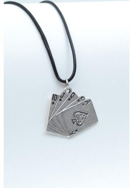 Poker Iskambil Gümüş Kaplama Deri Ip Kolye
