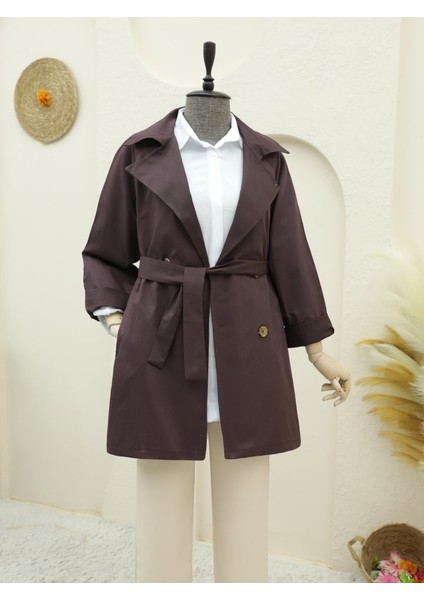 Alpaco Bolero Detaylı Düğmeli Ara Boy Trençkot -Mürdüm -Collectıon