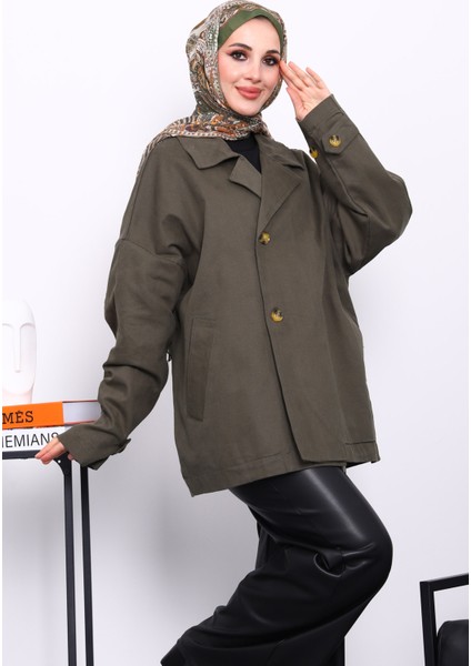 Haki Düğmeli Oversize Kanvas Ceket