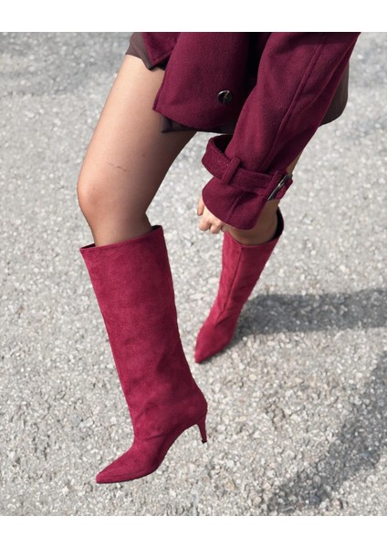 Gwen Kadın Topuklu Çizme Bordo Süet
