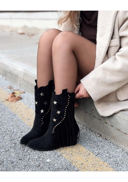 Silvene Kadın Kovboy Çizme Siyah Süet