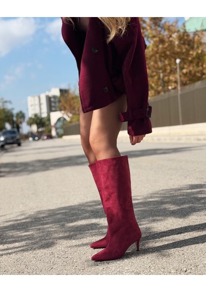 Gwen Kadın Topuklu Çizme Bordo Süet indirimleri