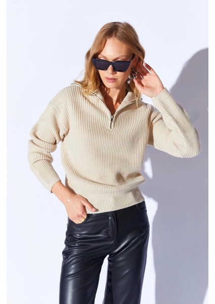 Pamuklu Soft Doku Fermuarlı Yarım Balıkcı Yaka Kadın Kazak fiyatları