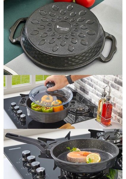 Kristal Döküm Granit 3'lü Tencere Tava Sahan Seti 4 Parça