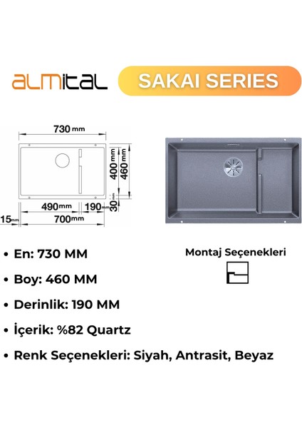 Granit Evye Sakai Series Black 73X46 (Siyah), Mutfak Eviyesi, Sepet Hazneli fırsatları