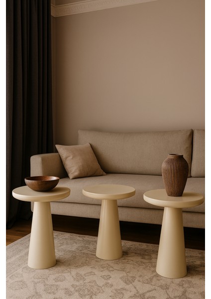 Ahşap Mantar Sehpa 3’lü Set – Krem Renk Minimal Zigon Sehpa Takımı