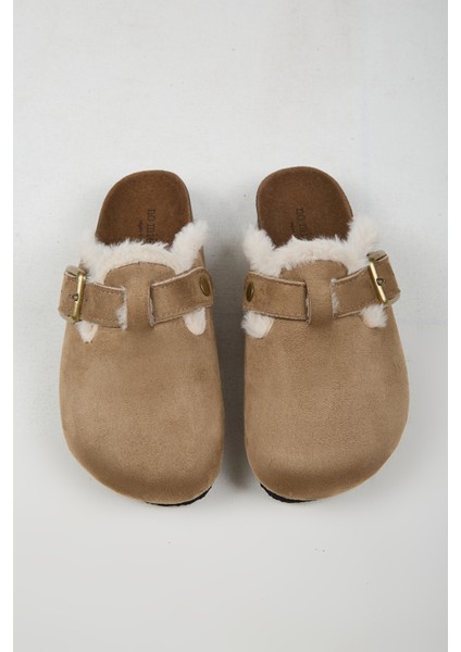 Cancun Kürklü Kadın Vegan Deri Tokalı Vizon Sabo Terlik