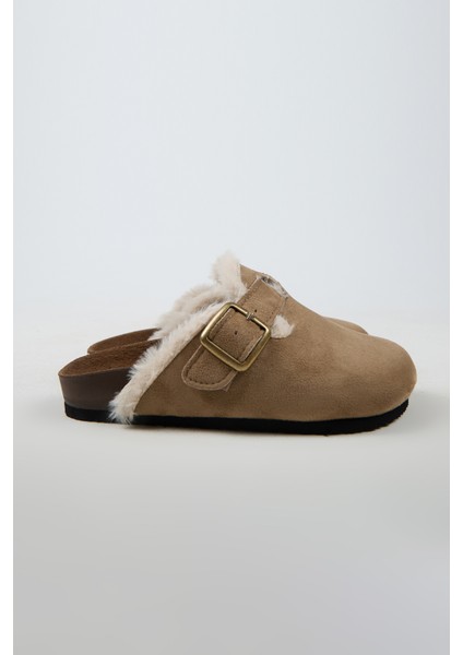 Cancun Kürklü Kadın Vegan Deri Tokalı Vizon Sabo Terlik fiyatları