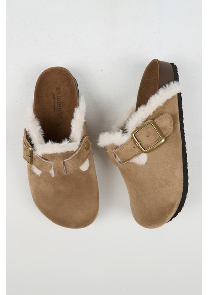 Cancun Kürklü Kadın Vegan Deri Tokalı Vizon Sabo Terlik modelleri