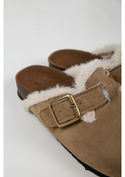 Cancun Kürklü Kadın Vegan Deri Tokalı Vizon Sabo Terlik fırsatları