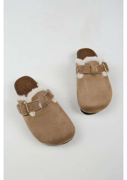 Cancun Kürklü Kadın Vegan Deri Tokalı Vizon Sabo Terlik indirimleri