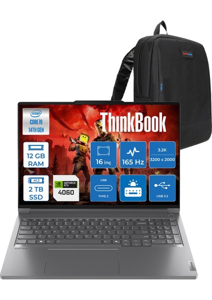 Thinkbook 16P Gen5 Irx Intel Core I9 14900HX 12GB Ddr5 2tb SSD Freedos RTX4060 8gb Gddr6 16 Inç 3.2k (3200X2000) IPS 430NITS 165Hz Taşınabilir Bilgisayar W21N5004DTRF03 + Zetta Çanta