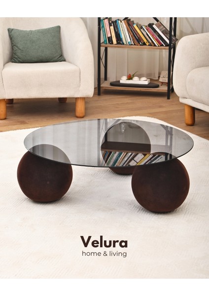 Modern Orta Sehpa & Küre Sehpa & Top Sehpa & Füme Yuvarlak Cam & Flok (Kadifemsi Top Sehpa)