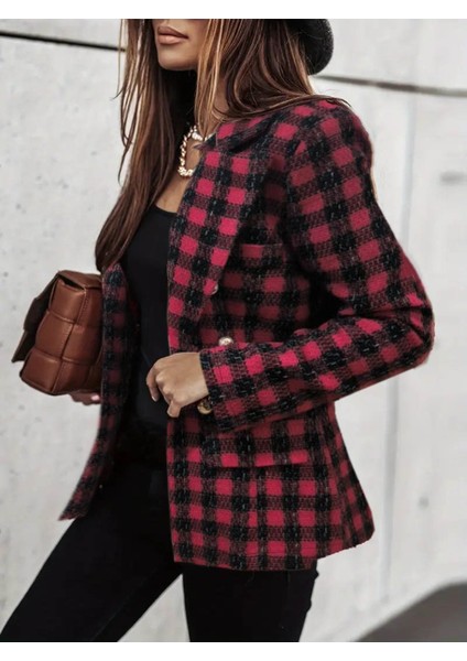 Kadın Uzun Kollu Yakalı Kare Desenli Ekoseli Düğmeli Ceket