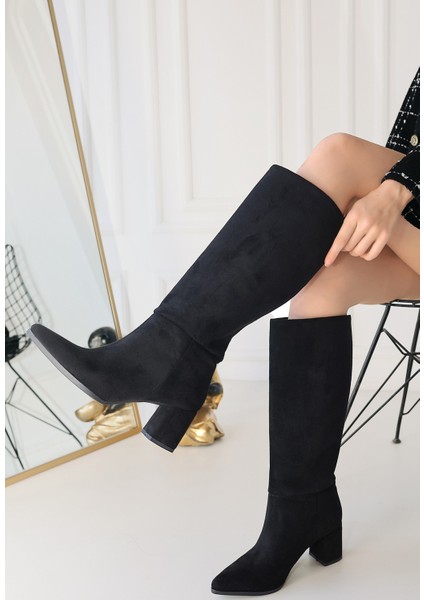 Roksa Premium Sivri Burun Topuklu Siyah Süet Çizme modelleri
