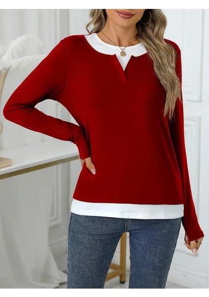 Kadın Uzun Kollu V Yakalı Çift Renkli Viskon Iki Iplik Bluz indirimleri