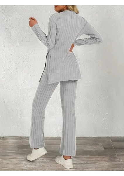 Kadın Uzun Kollu Bisiklet Yaka Yandan Yırtmaçlı Şardonlu Kaşkorse Bluz ve Pantolon Ikili Takım modelleri