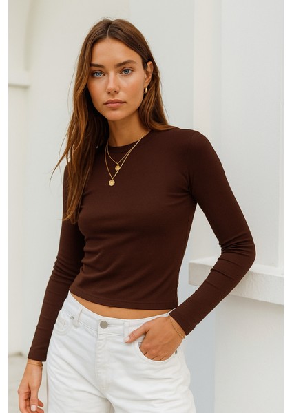 Kadın Kahverengi Bisiklet Yaka Esnek Kumaşlı Vücuda Oturan Slim Fit Uzun Kollu Crop Body fırsatları