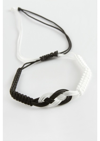 Techmrt Siyah Beyaz Makrome Örgülü Bileklik-Siyah