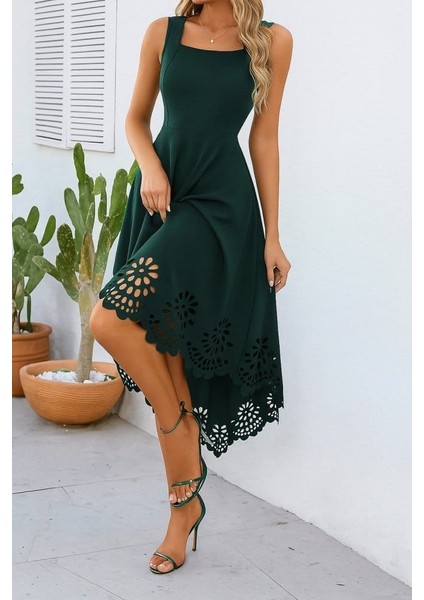 Kadın Askılı Geometrik Yaka Çiçek Lazer Kesim Ithal Krep Elbise