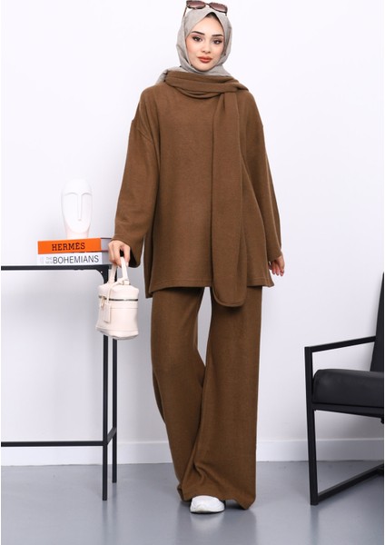 Kahverengi Atkılı Tunik Pantolonlu Fitilli Takım
