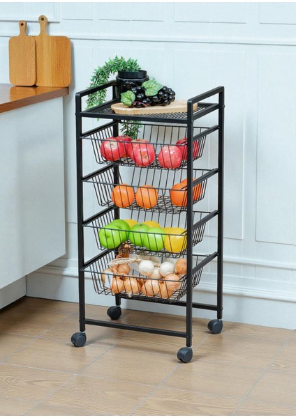 Dekoratif Siyah Metal Sebzelik Tekerlekli 4 Raflı Tel Sepetli Çok Amaçlı Stand