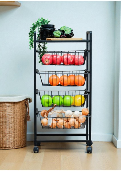 Dekoratif Siyah Metal Sebzelik Tekerlekli 4 Raflı Tel Sepetli Çok Amaçlı Stand fiyatları