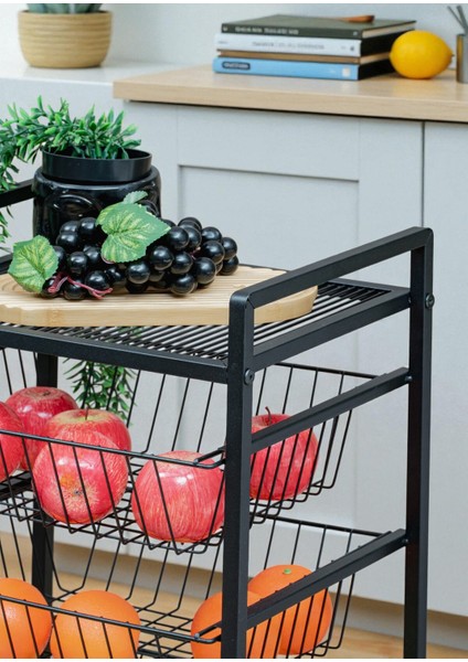 Dekoratif Siyah Metal Sebzelik Tekerlekli 4 Raflı Tel Sepetli Çok Amaçlı Stand modelleri