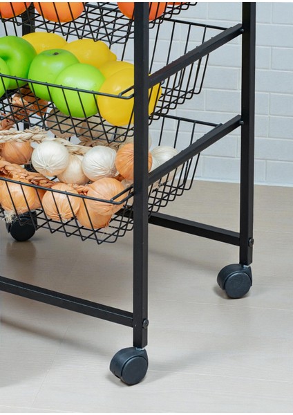 Dekoratif Siyah Metal Sebzelik Tekerlekli 4 Raflı Tel Sepetli Çok Amaçlı Stand fırsatları