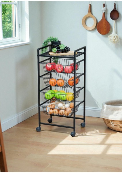 Dekoratif Siyah Metal Sebzelik Tekerlekli 4 Raflı Tel Sepetli Çok Amaçlı Stand