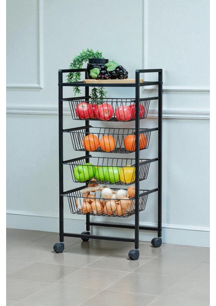 Dekoratif Siyah Metal Sebzelik Tekerlekli 4 Raflı Tel Sepetli Çok Amaçlı Stand