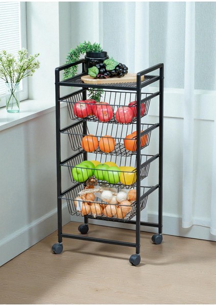 Dekoratif Siyah Metal Sebzelik Tekerlekli 4 Raflı Tel Sepetli Çok Amaçlı Stand
